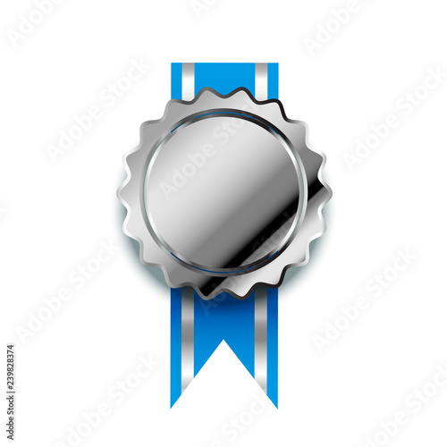 Bright silver award with blue tape, glossy winner badge on white