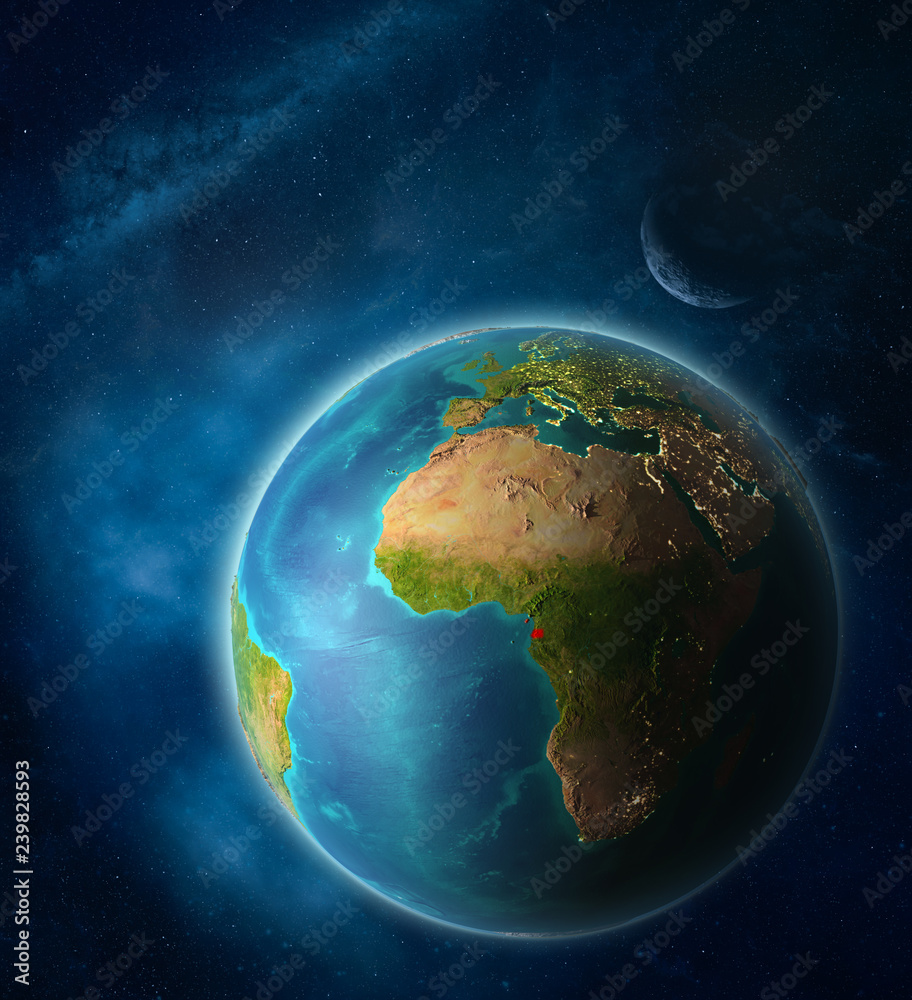 Equatorial Guinea from space on planet Earth in space with Moon and Milky Way. Extremely fine detail of planet surface. Equatorial Guinea from space on planet Earth in space with Moon and Milky Way. Extremely fine detail of planet surface.