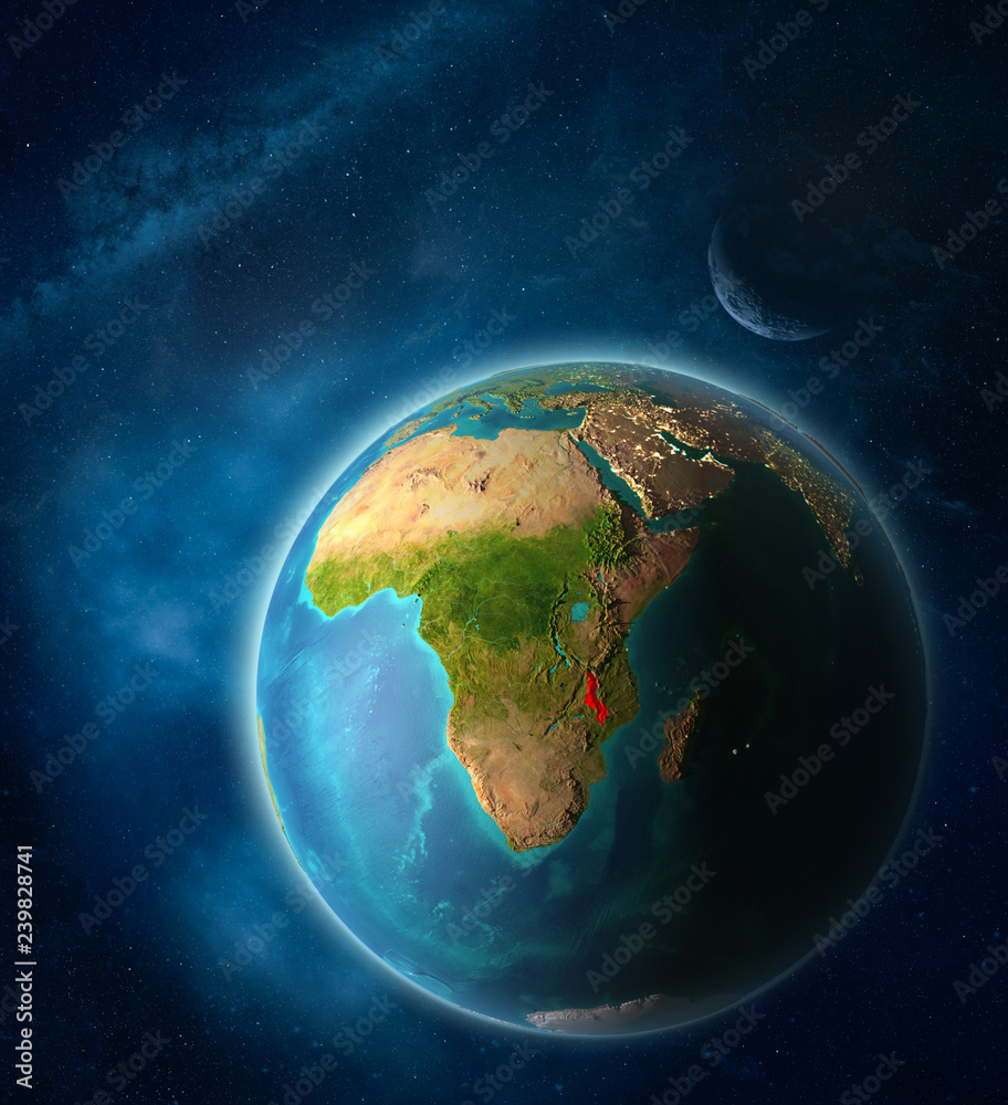 Fototapeta premium Malawi from space on planet Earth in space with Moon and Milky Way. Extremely fine detail of planet surface.