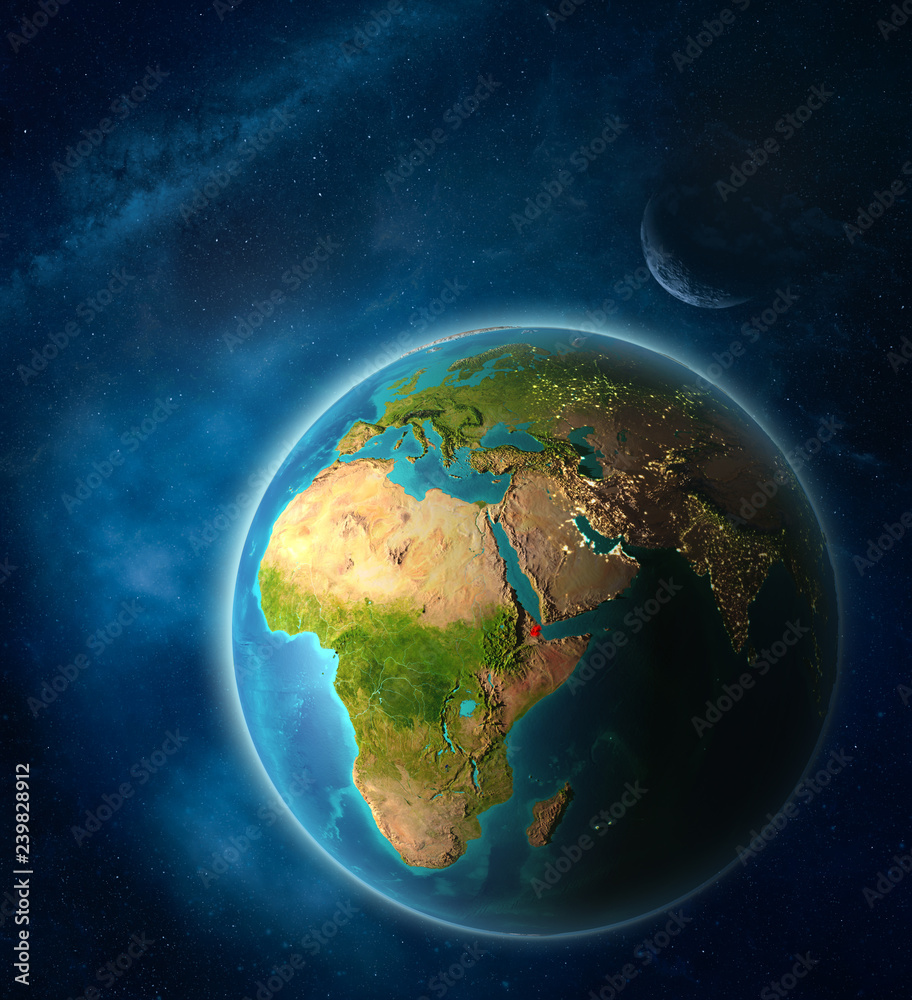 Djibouti from space on planet Earth in space with Moon and Milky Way. Extremely fine detail of planet surface. Djibouti from space on planet Earth in space with Moon and Milky Way. Extremely fine detail of planet surface.