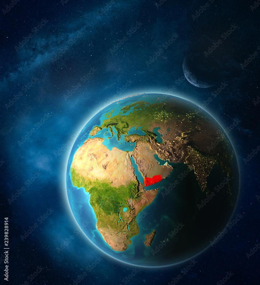 Yemen from space on planet Earth in space with Moon and Milky Way. Extremely fine detail of planet surface. Yemen from space on planet Earth in space with Moon and Milky Way. Extremely fine detail of planet surface.