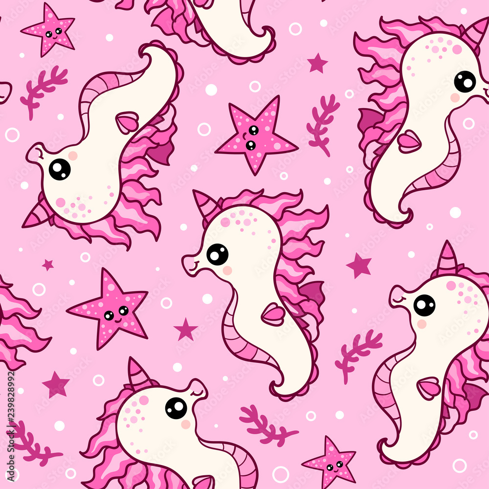 Seamless pattern, pink with seahorses, starfish. For design, fabric, wallpaper, etc. Vector