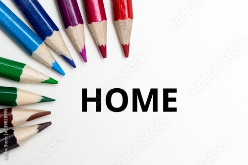 Pencil on white background. the word ###WORD### is displayed. pencils arranged in a semicircle.