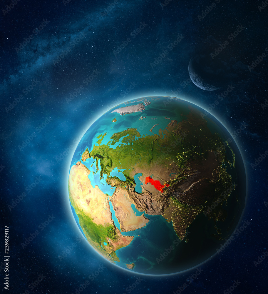 Uzbekistan from space on planet Earth in space with Moon and Milky Way. Extremely fine detail of planet surface. Uzbekistan from space on planet Earth in space with Moon and Milky Way. Extremely fine detail of planet surface.