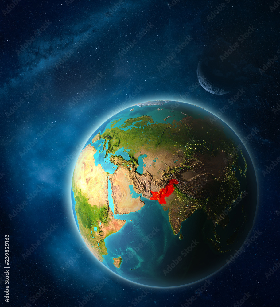 Pakistan from space on planet Earth in space with Moon and Milky Way. Extremely fine detail of planet surface. Pakistan from space on planet Earth in space with Moon and Milky Way. Extremely fine detail of planet surface.
