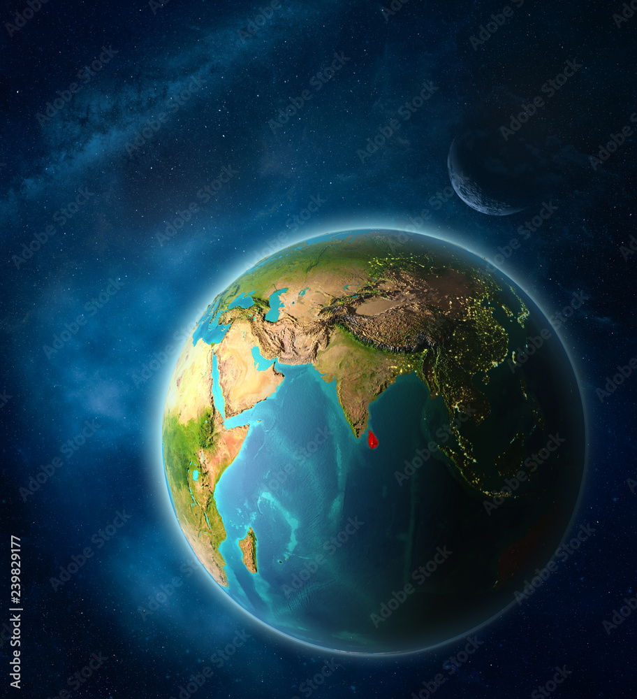 Sri Lanka from space on planet Earth in space with Moon and Milky Way. Extremely fine detail of planet surface. Sri Lanka from space on planet Earth in space with Moon and Milky Way. Extremely fine detail of planet surface.