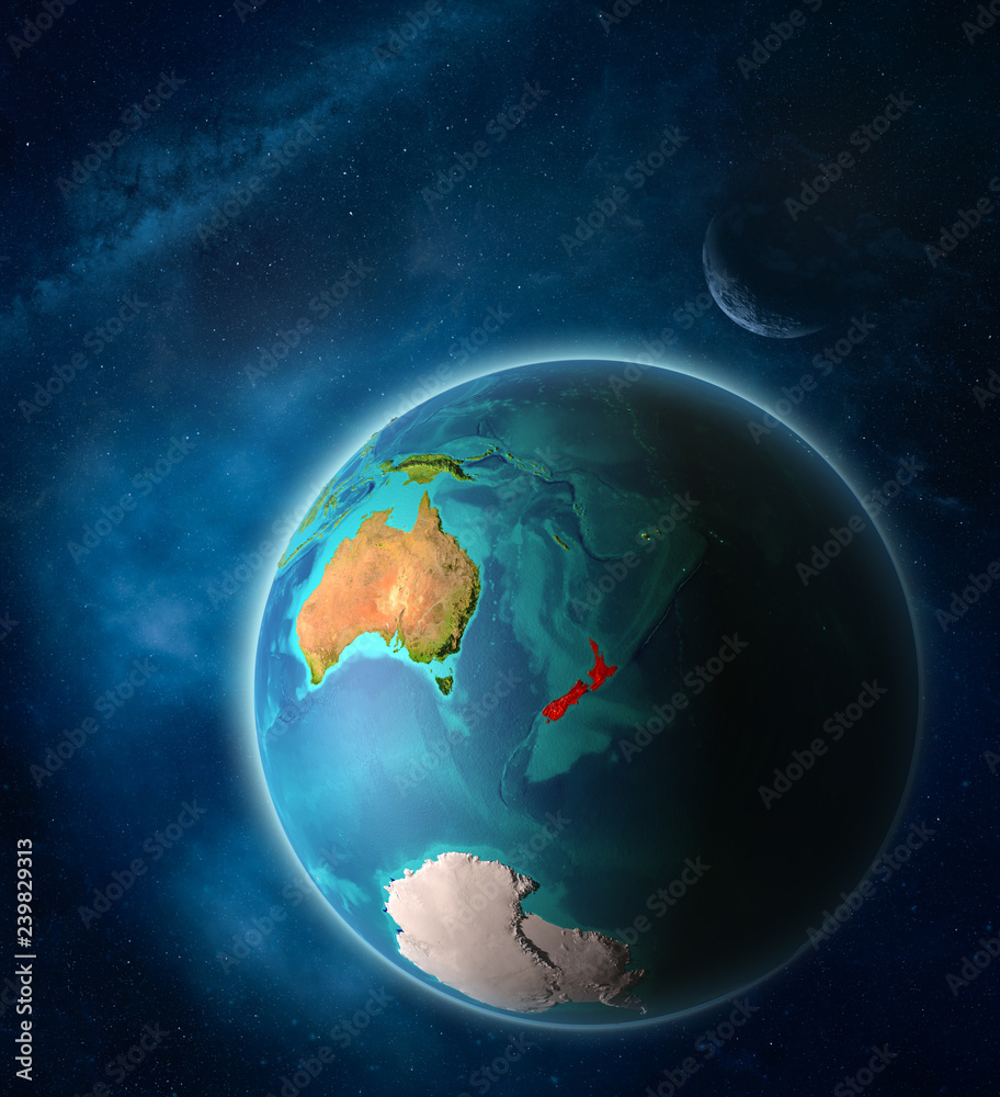 Obraz premium New Zealand from space on planet Earth in space with Moon and Milky Way. Extremely fine detail of planet surface.