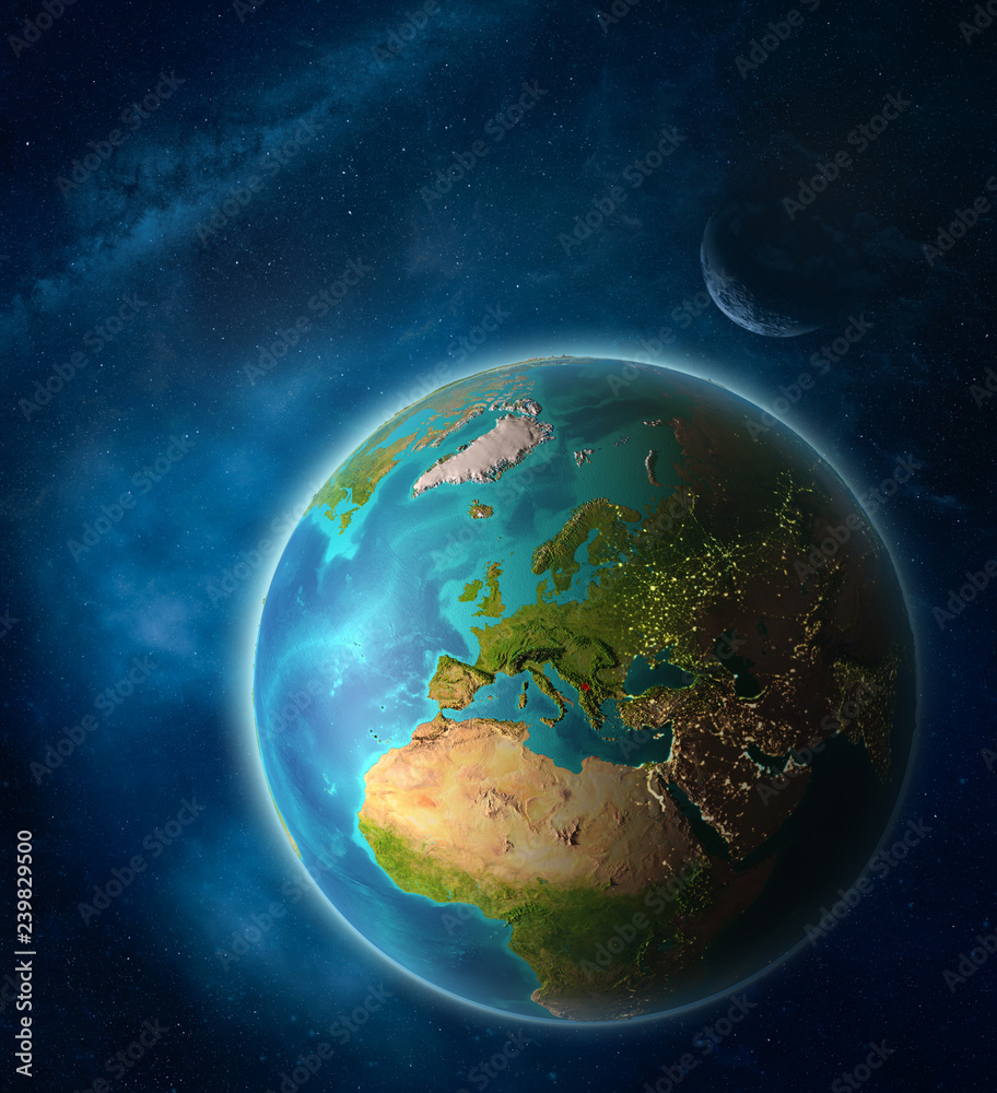 Kosovo from space on planet Earth in space with Moon and Milky Way. Extremely fine detail of planet surface. Kosovo from space on planet Earth in space with Moon and Milky Way. Extremely fine detail of planet surface.