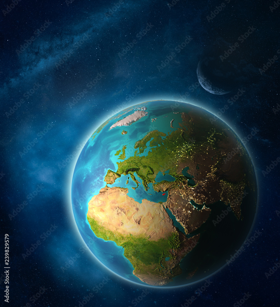 Fototapeta premium Cyprus from space on planet Earth in space with Moon and Milky Way. Extremely fine detail of planet surface.