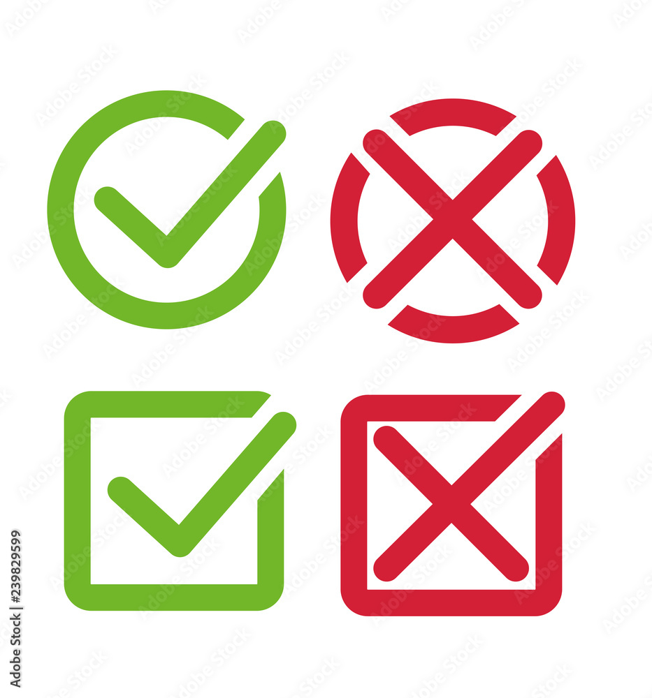 Check mark icon in green and red color set vector illustration isolated Check mark icon in green and red color set vector illustration isolated