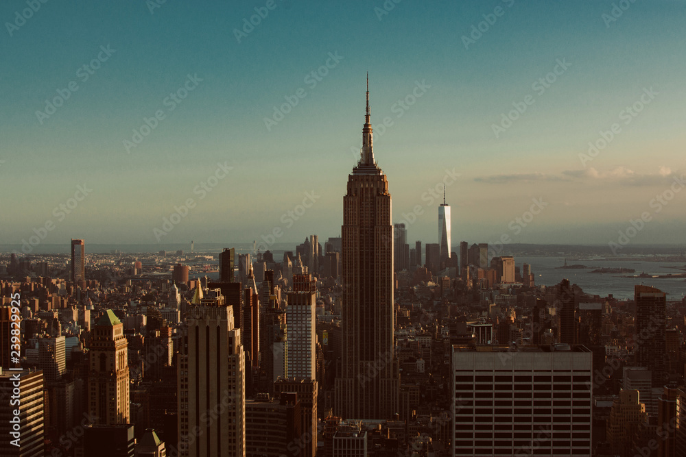 New York city view of Downtown with Empire state building and  One World trade center
