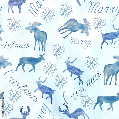 Watercolor illustration.Christmas watercolor seamless pattern. Deer and happy new year lettering