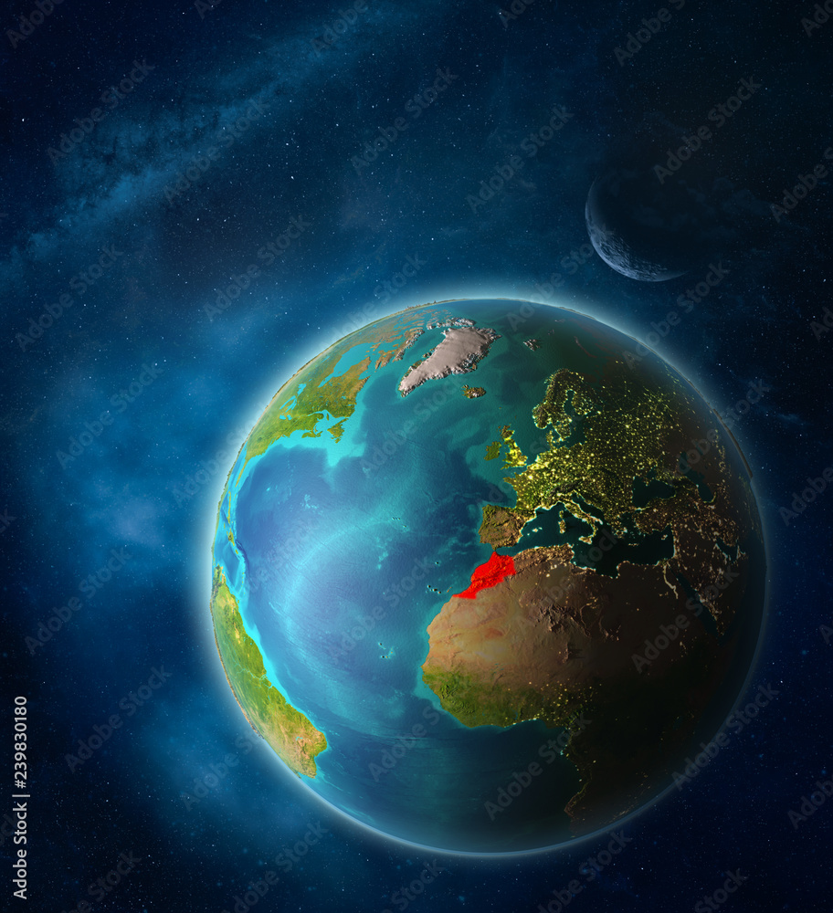 Morocco from space on planet Earth in space with Moon and Milky Way. Extremely fine detail of planet surface. Morocco from space on planet Earth in space with Moon and Milky Way. Extremely fine detail of planet surface.
