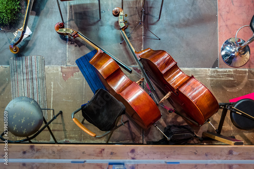 Contrabass are lying on the floor