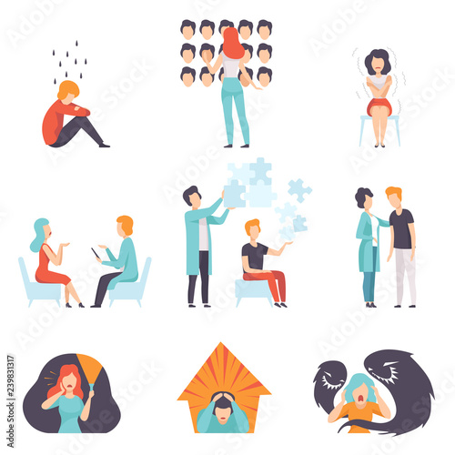People suffering from mental disorders set, psychotherapists treating patients, mental health problems vector Illustration
