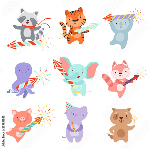 Cute animal characters with party poppers set, design template can be used for New Year or Christmas, Birthday card, banner, poster, holiday decoration vector Illustration
