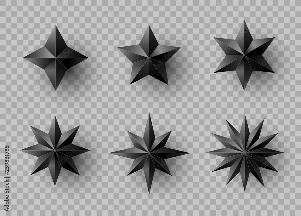 Set of stars and flowers with shadow on transparent background. New year and Christmas design elements, vector illustration. - obrazy, fototapety, plakaty 