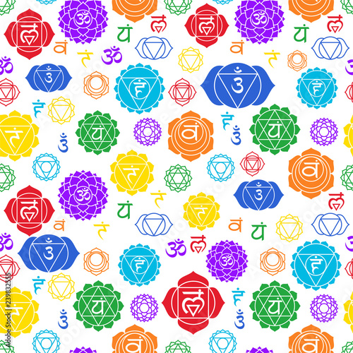 Chakras seamless pattern. Vector esoteric background. Hinduism, buddhism. Muladhara, swadhisthana, manipura, anahata, vishuddha, ajna, sahasrara. Line symbol. Om sign