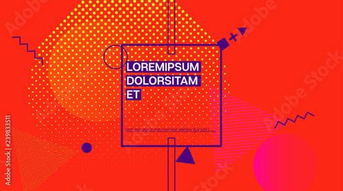 Memphis Minimal Cover Horizontal Vector Template. Neon Gradient Overlay, Small Space Particles Background. Geometric Memphis Design Elements, Horizontal Music Poster. Vintage Elemets Business Design.