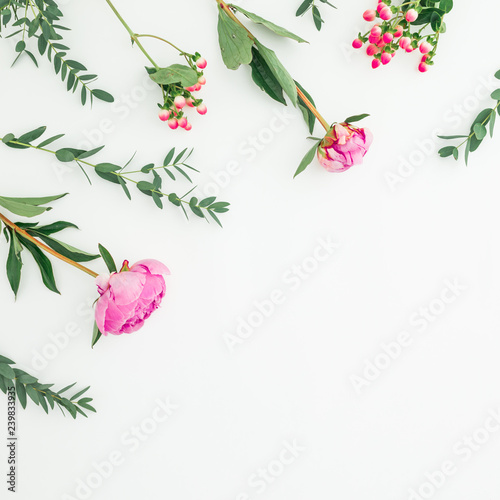 Fototapeta Naklejka Na Ścianę i Meble -  Floral frame made of pink peonies flowers, hypericum and eucalyptus branches on white background. Flat lay, top view