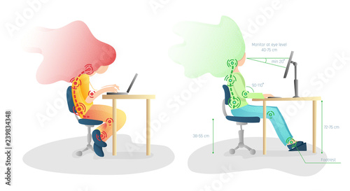 Ergonomic, wrong and Correct sitting Spine Posture. Healthy Back and Posture Correction illustration. Office Desk Posture. Curvature of Spine with Wrong Sitting, Good Position when working at Computer