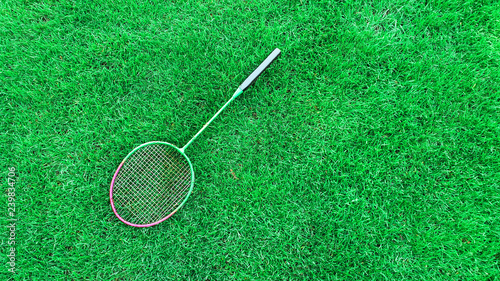 badminton racket on green grass
