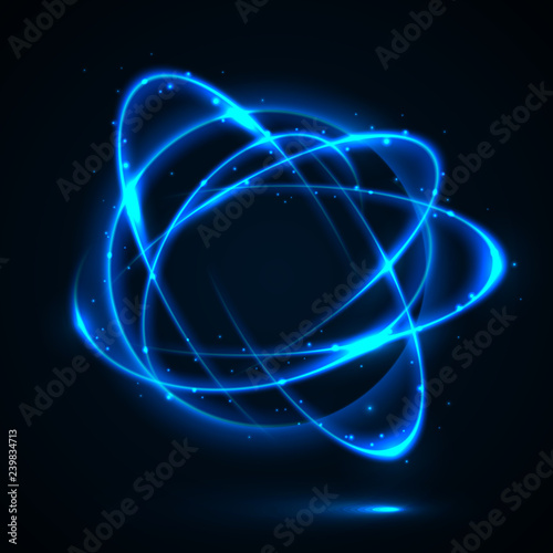 Vector light effect. The object s light stroke. Circular lens flare. Abstract rotational lines. Power energy element. Luminous sci-fi. Shining neon lights cosmic abstract frame. Magic round frame.