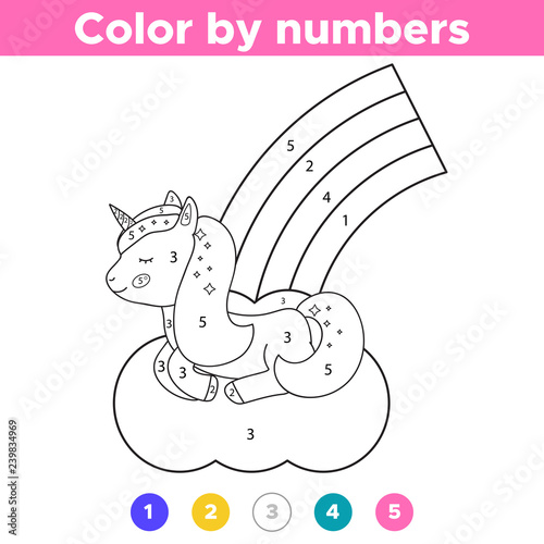 Numbers coloring page. Cute cartoon unicorn sleep on cloud with rainbow. Educational game for preschool kids. Vector illustration.