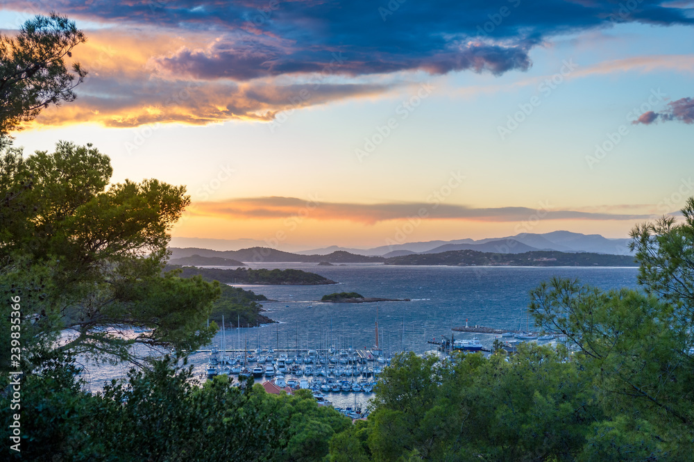 Twilight landscape of Porquerolles island, landscape from the fortress viewpoint.