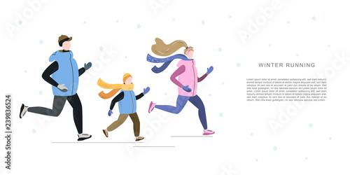 Family running in winter cold season. Handdrawn vector illustration. Banner template