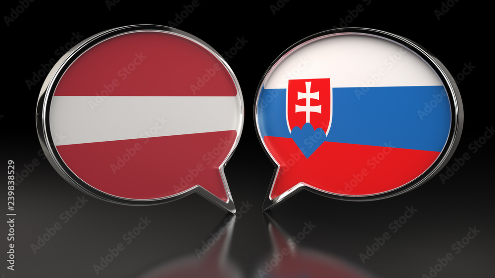 Fototapeta premium Latvia and Slovakia flags with Speech Bubbles. 3D illustration