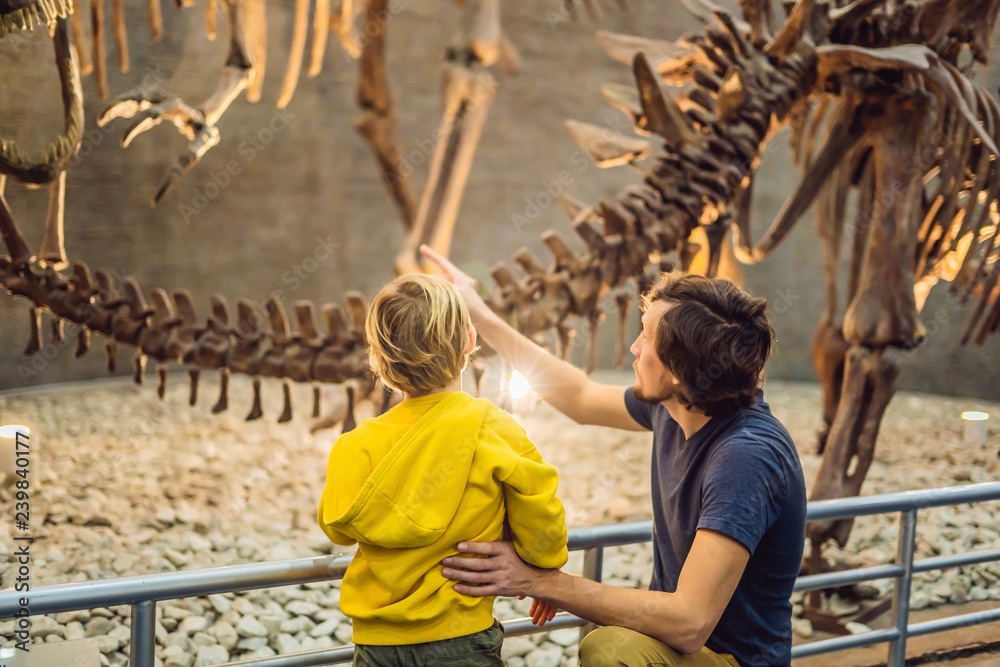 Dad and boy watching dinosaur skeleton in museum