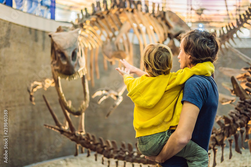 Dad and boy watching dinosaur skeleton in museum photo