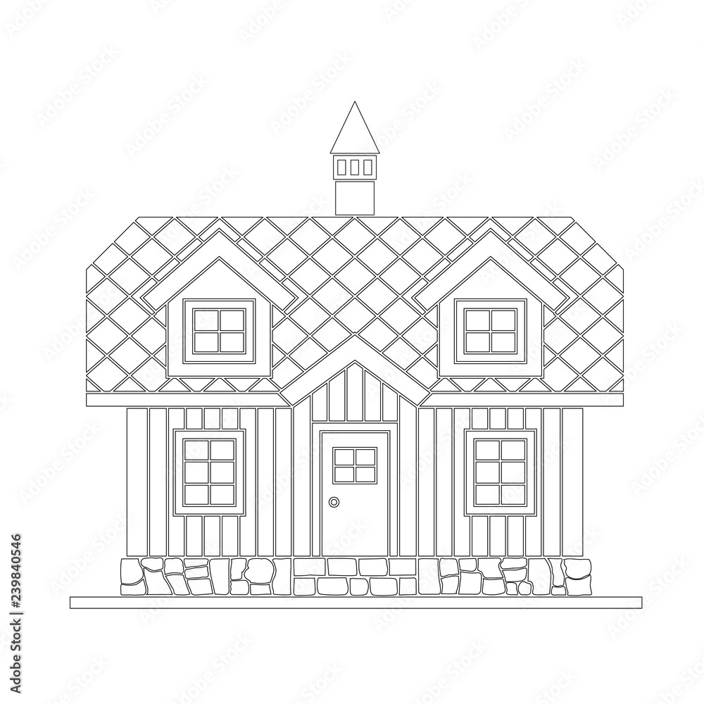 Fototapeta premium Traditional wooden house with a residential attic. The roof is covered with multicolored tiles. Vector illustration of white silhouette.