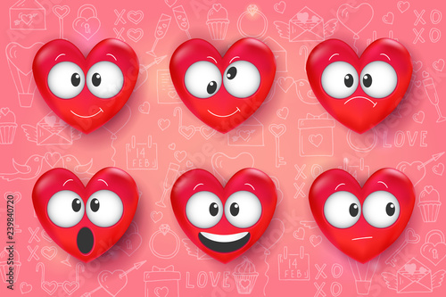 Love Emoji. Heart funny collection for Valentines Day on Festive pink background with hand drawn love symbols. Symbols for t-shirt print, icon, logo, label, patch, sticker.