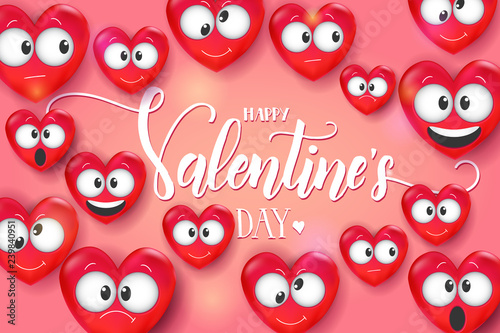 Valentines day card with 3d Love Emoji on pink background. Heart funny collection. Happy Valentine's Day - handwritten lettering quote. Vector. 