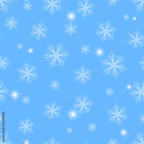 Winter seamless pattern with snowflakes, sparkles.