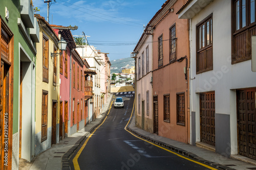 La Orotava old town tiny street with car