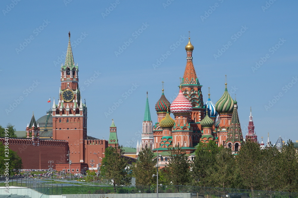 Spring view of the Cathedral of the Intercession on the Moat (St. Basil's Cathedral) and the towers of the Moscow Kremlin, Moscow, Russia Spring view of the Cathedral of the Intercession on the Moat (St. Basil's Cathedral) and the towers of the Moscow Kremlin, Moscow, Russia