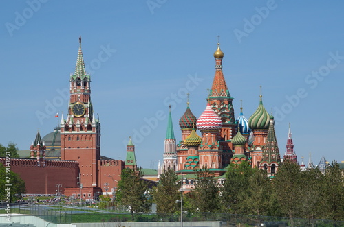 Spring view of the Cathedral of the Intercession on the Moat (St. Basil's Cathedral) and the towers of the Moscow Kremlin, Moscow, Russia