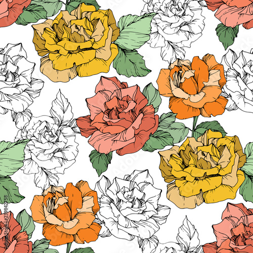Vector Orange  yellow and coral rose flower. Engraved ink art. Seamless background pattern. Fabric wallpaper print.