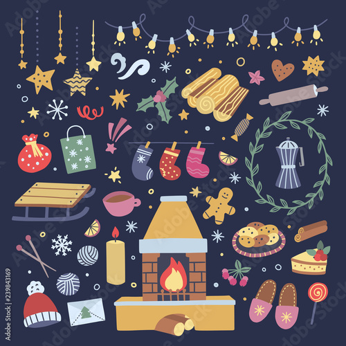 Christmas vector doodles for card decorations. Cute winter time hygge illustrations and happy new year elements on dark background