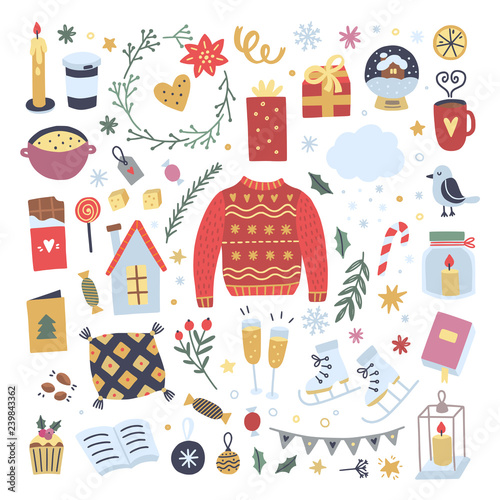 Cute winter hygge style vector doodle illustrations on white background. Sweater, candles, sweets, books elements