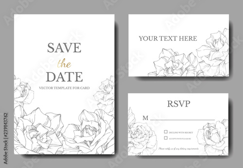 Vector Rose flowers. Wedding background card floral border. Thank you, rsvp, invitation elegant card. Engraved ink art.