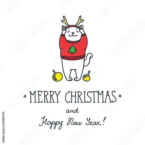 Merry Christmas and Happy New Year! Hand drawn illustration of white cat trying on Christmas deer antler headband isolated on white background. Christmas greeting card or invitation design. Vector 8 E