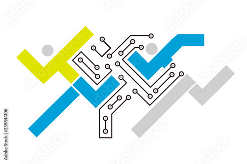 Printed circuit, Quick computer Solution concept. 
Stylized colorful symbol of three runners, One runner styled as a circuit.Funny Concept for smart technology solution. Vector available. 