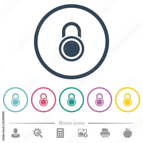 Locked round padlock flat color icons in round outlines
