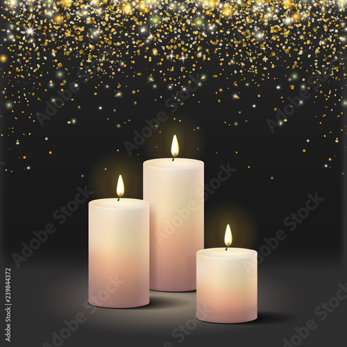 Realistic candles at dark background and golden glittering confetti Vector illustration