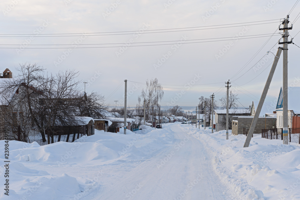 February 4, 2017: Photo of the snow-covered street of the village of Sugaykasy. Chuvashia Russia.