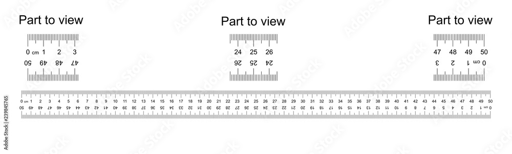 Ruler 50 cm with countdown, doble sided scale, part to view. Vice versa  backwards, mounting, engineering, designer, tailor ruler Measuring tool.  Ruler grid 50 cm. Size indicator Centimeter size Vector Stock Vector
